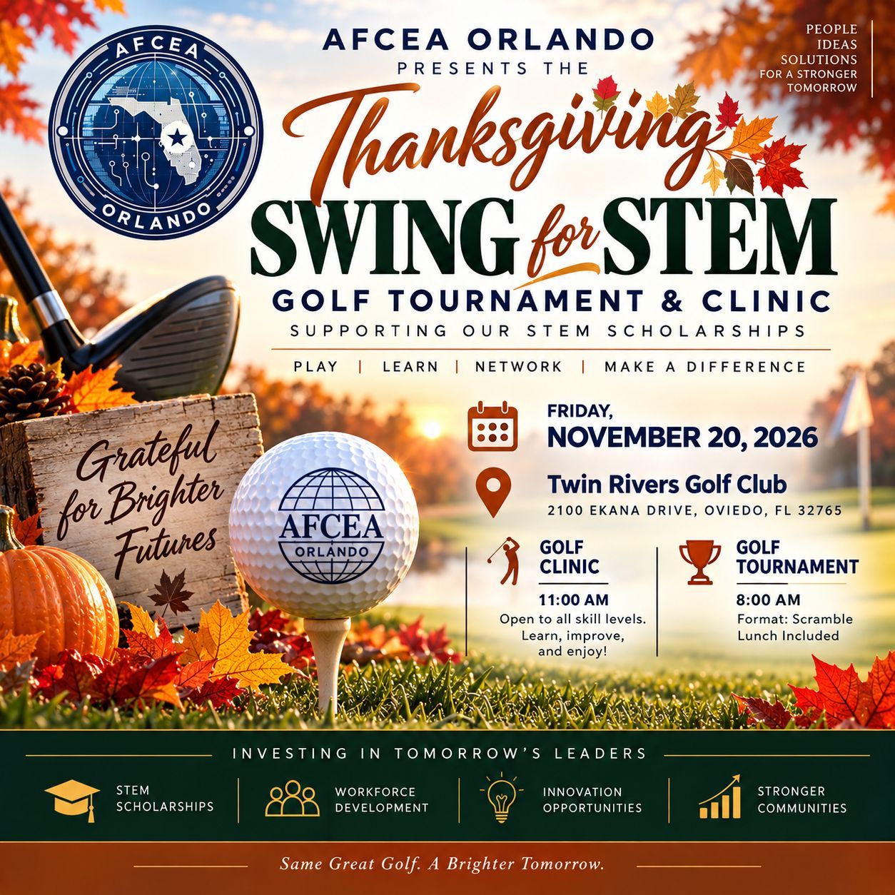 AFCEA Orlando Thanksgiving Swing for STEM Golf Tournament and Clinic flyer for November 20, 2026 at Twin Rivers Golf Club