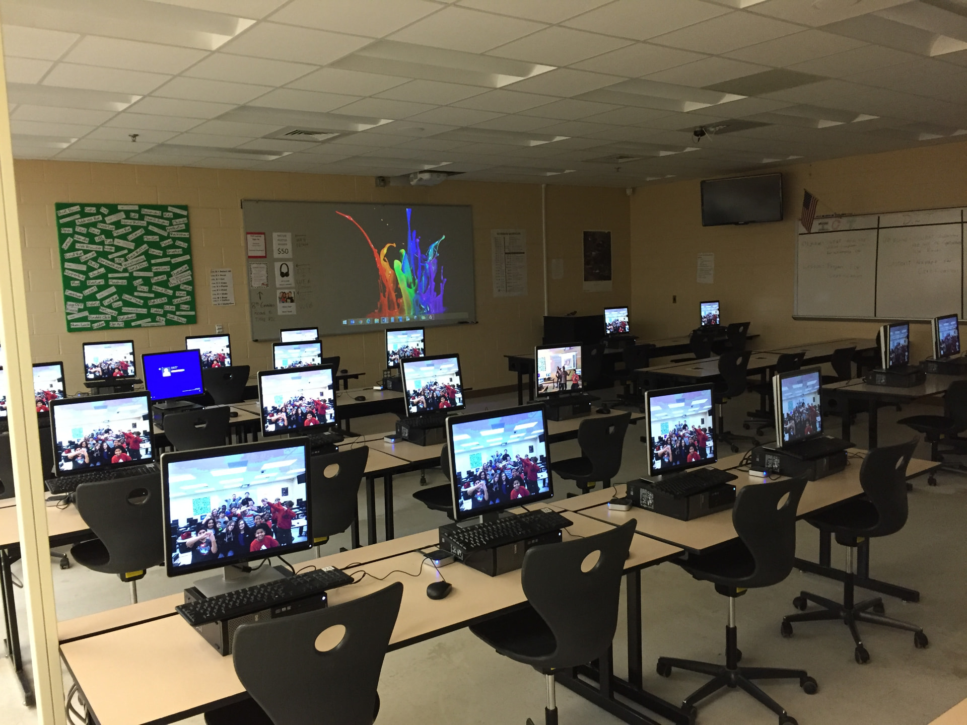 A technology classroom prepared for students