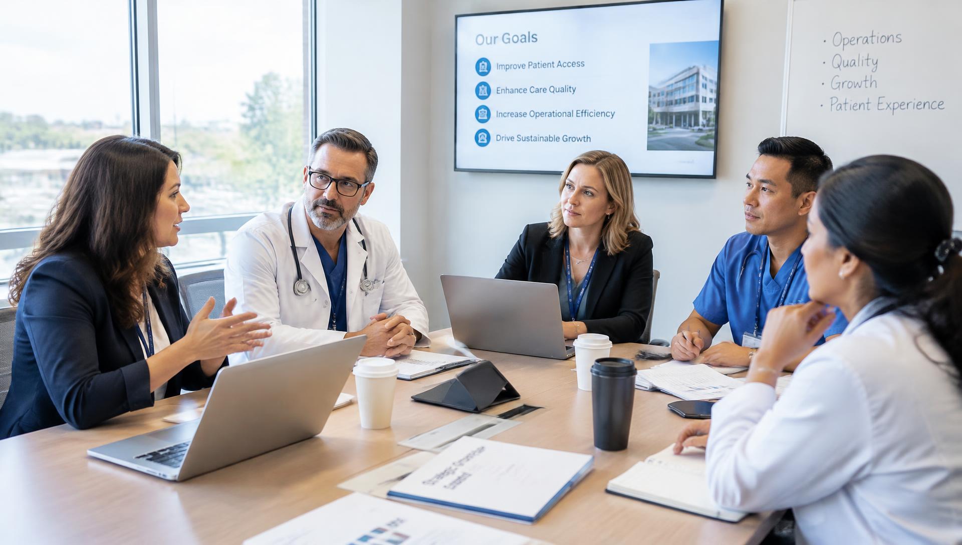 Physicians and practice leaders reviewing clinic operations